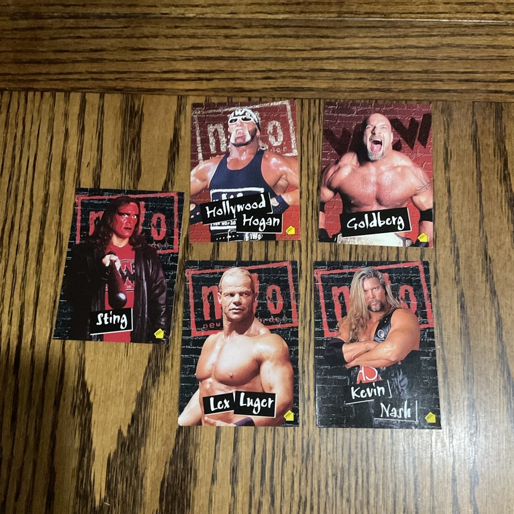 5 WCWnWo wrestling collectors cards: STING, HOGAN, LUGER, GOLDBERG & KEVIN NASH
